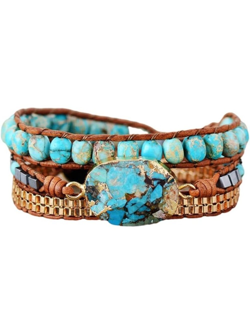 Boho Natural Stone Wrap Bracelet Set | Jasper & Turquoise Strand Jewelry